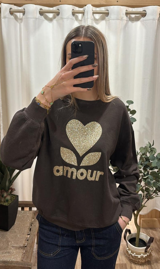 Sweat marron avec inscription amour dorée