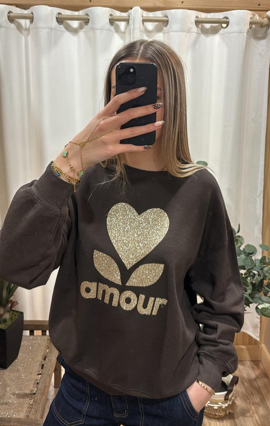 Sweat marron avec inscription amour dorée