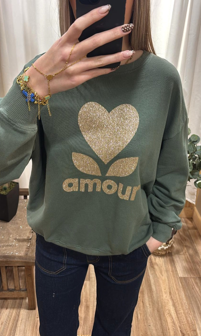 Sweat kaki avec inscription amour dorée