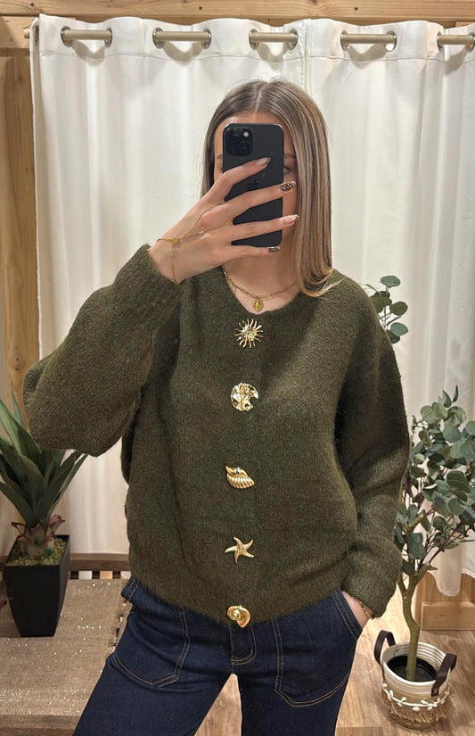Cardigan boutons fantaisis dorés - kaki