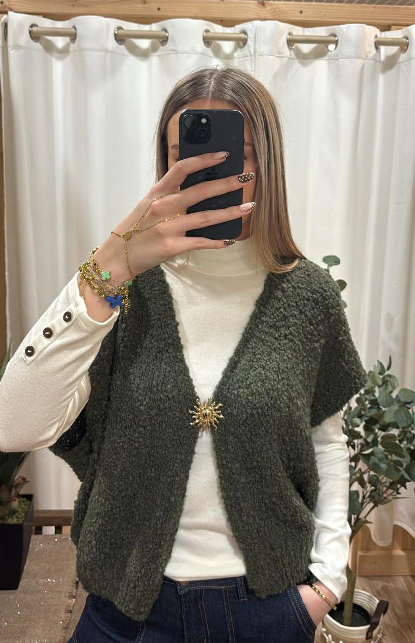 Gilet sans manche bouclette broche dorée - kaki