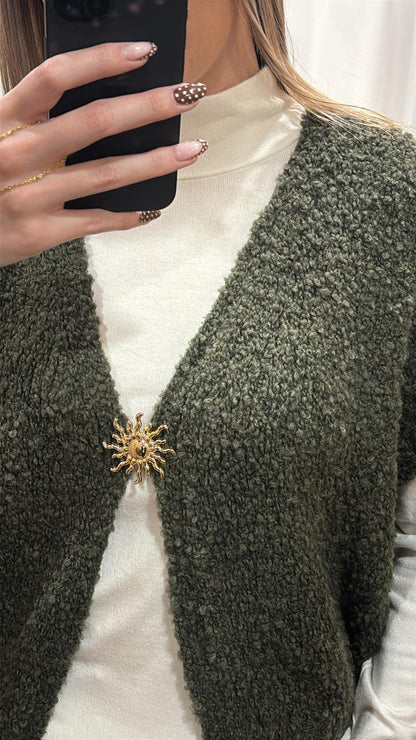 Gilet sans manche bouclette broche dorée - kaki