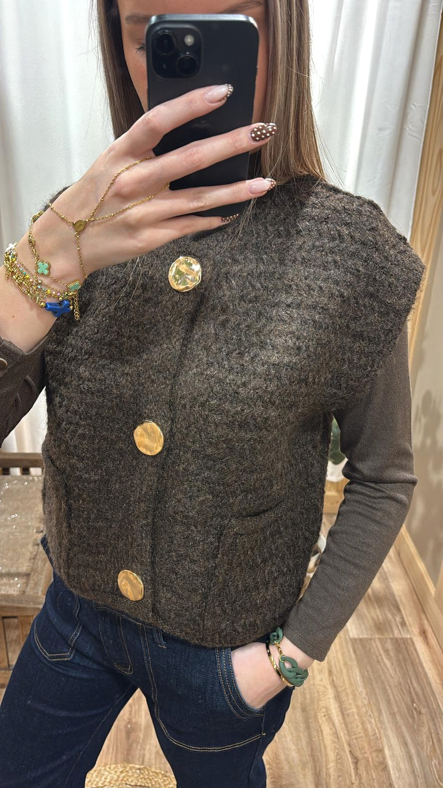 Gilet sans manche boutons dorés - marron