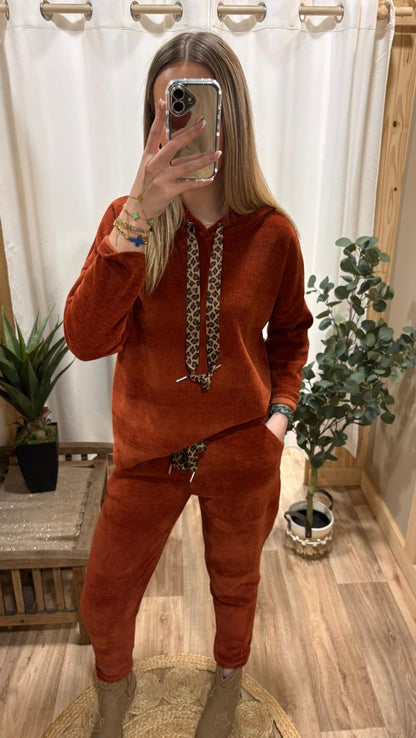 Pantalon effet velours lacet léopard rouille
