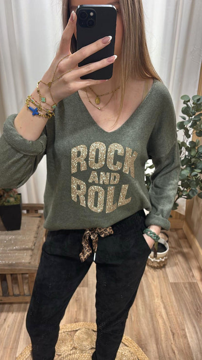 Pull kaki Rock&Roll doré