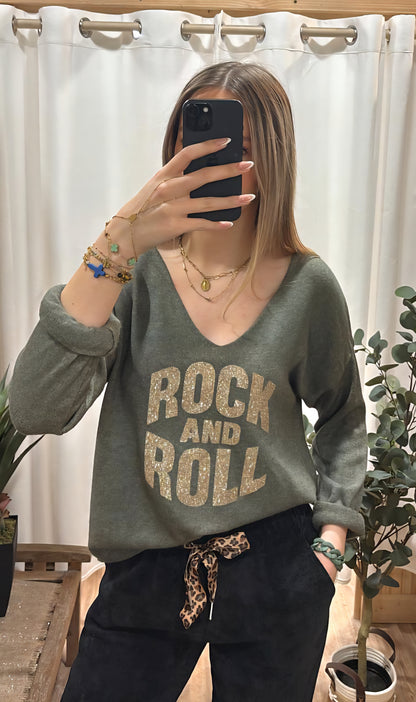 Pull kaki Rock&Roll doré