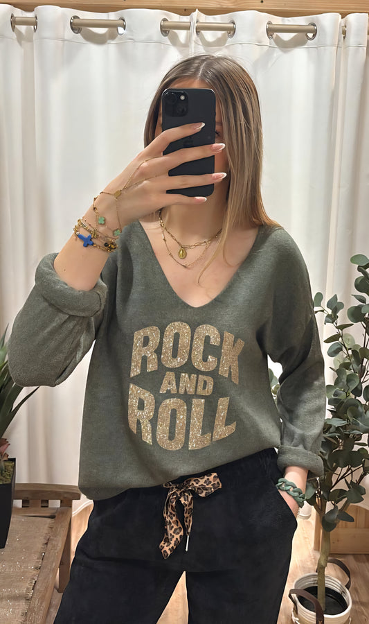 Pull kaki Rock&Roll doré