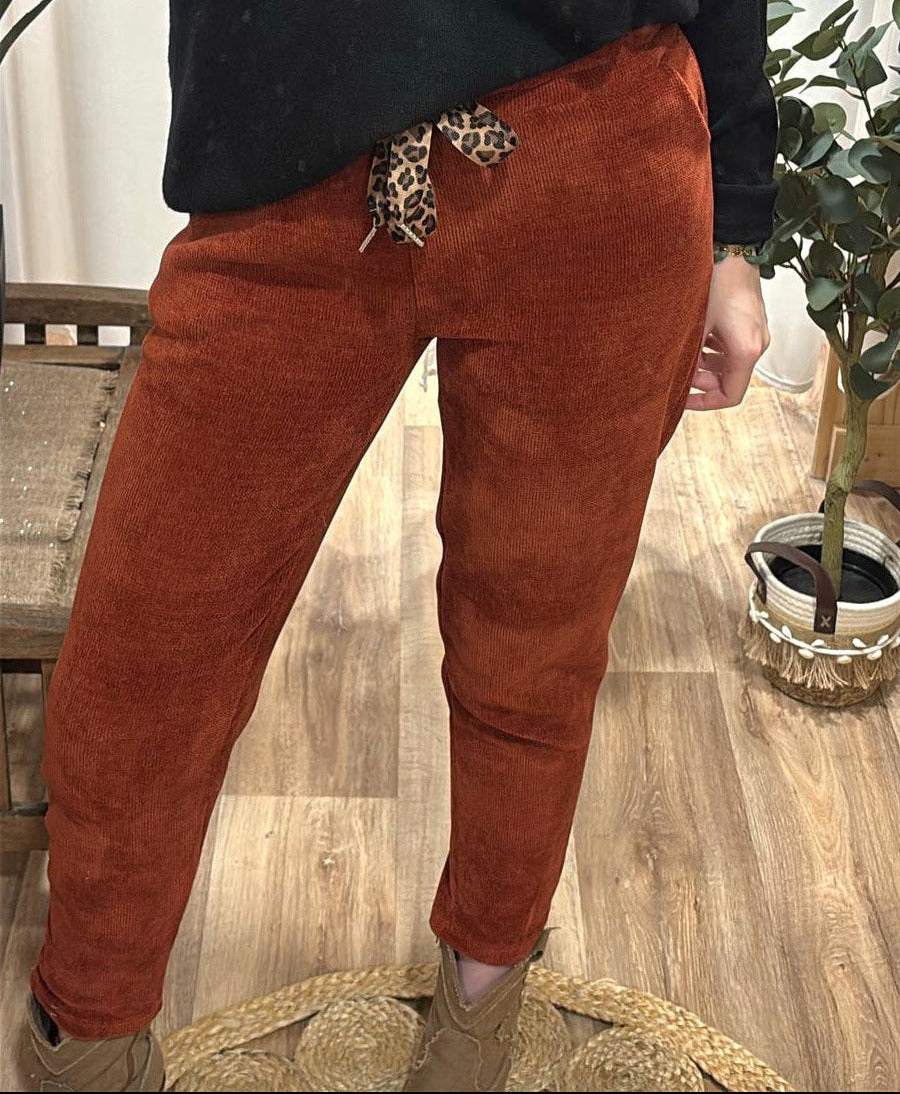 Pantalon effet velours lacet léopard rouille