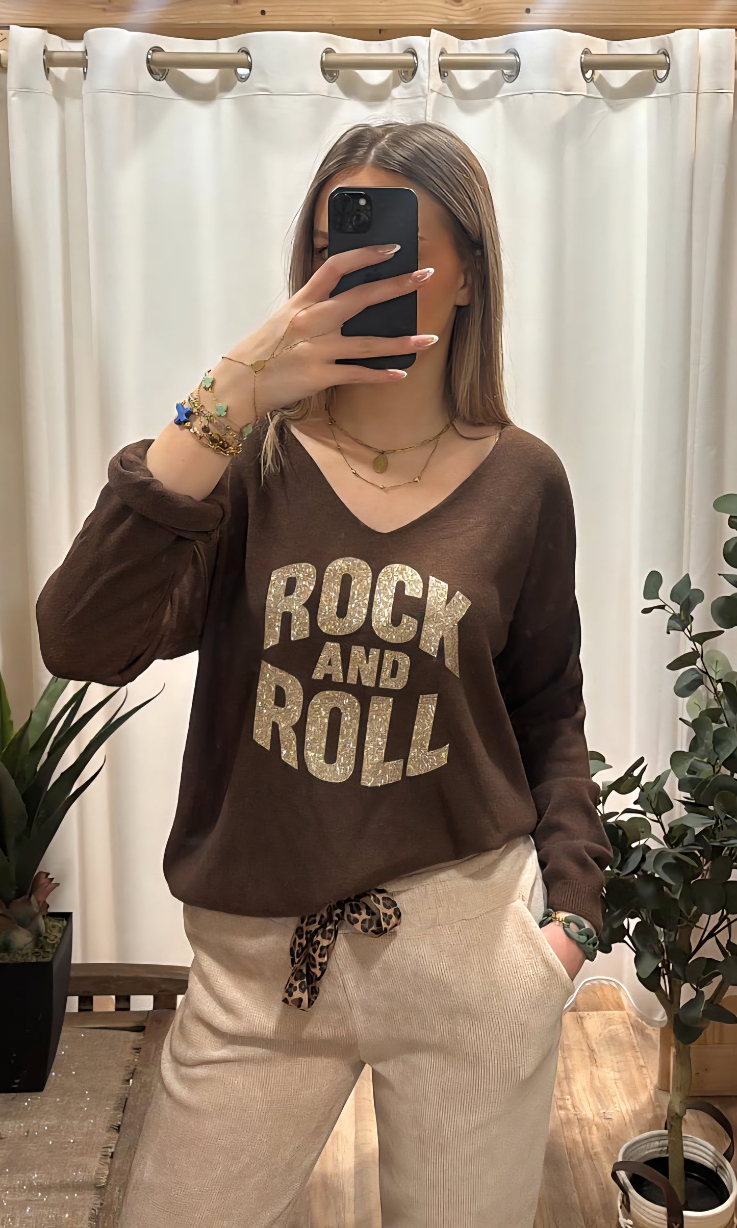 Pull marron Rock&Roll doré