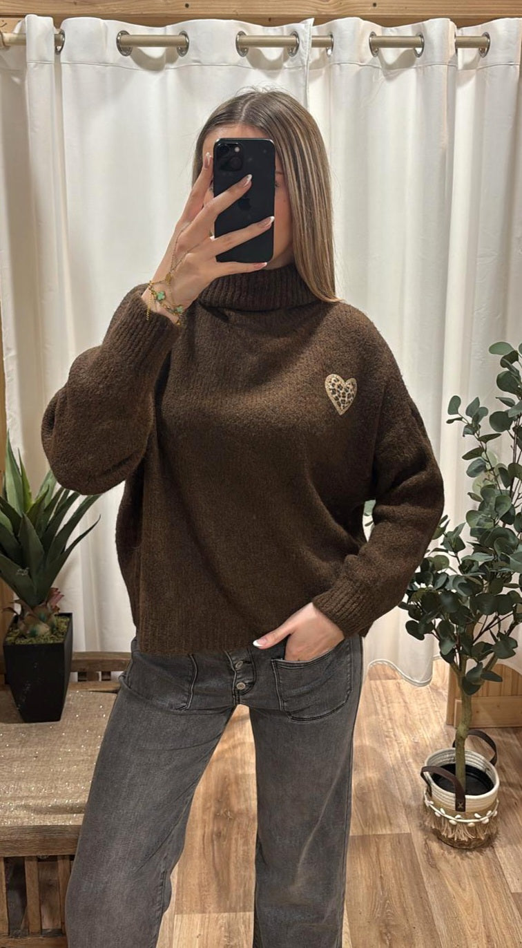 Pull col roulé coeur chocolat