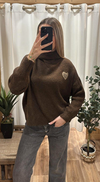 Pull col roulé coeur chocolat