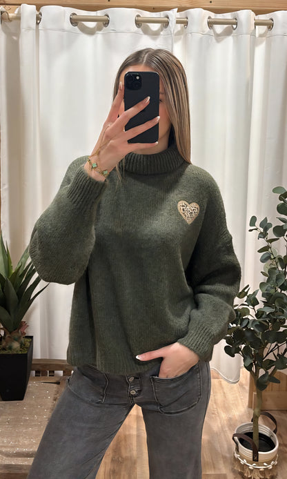 Pull col roulé coeur kaki