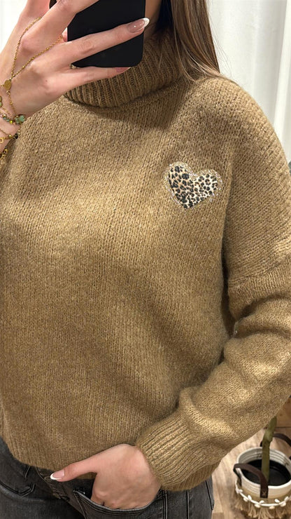 Pull col roulé coeur camel