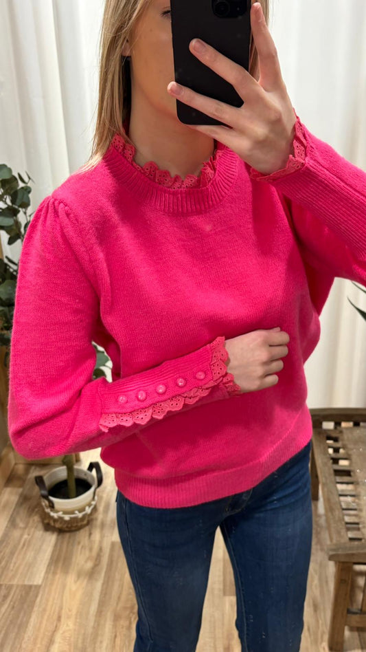 Pull dentelle manche fuchsia