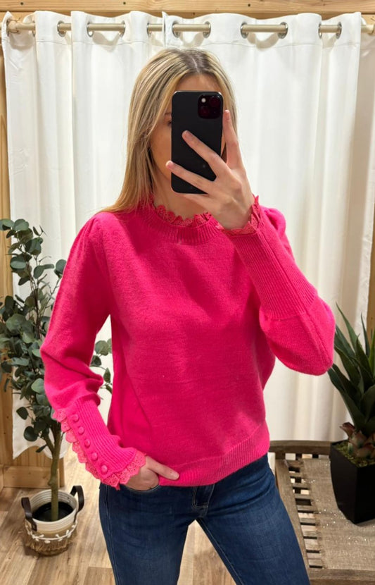 Pull dentelle manche fuchsia