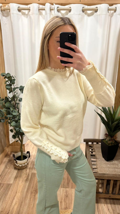 Pull dentelle manche beige