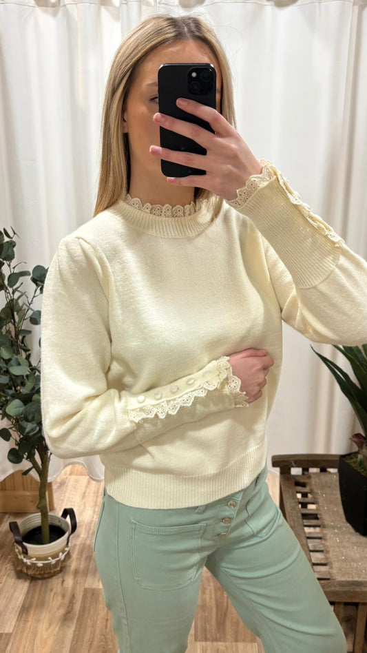 Pull dentelle manche beige