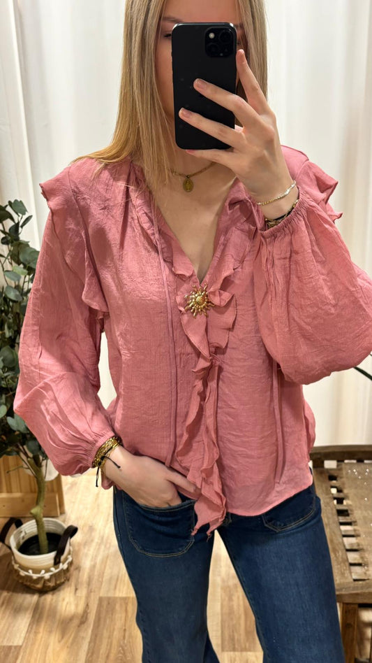 Blouse rose broche soleil