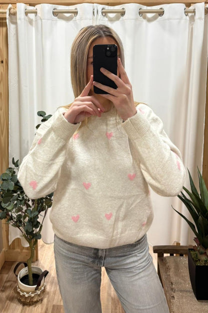 Pull beige coeur rose