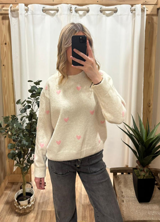 Pull beige coeur rose
