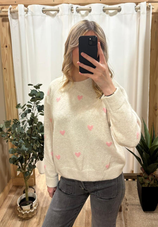 Pull beige coeur rose