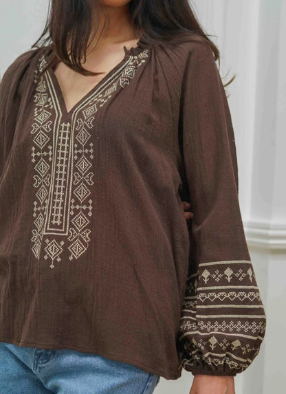 Blouse broderies marron