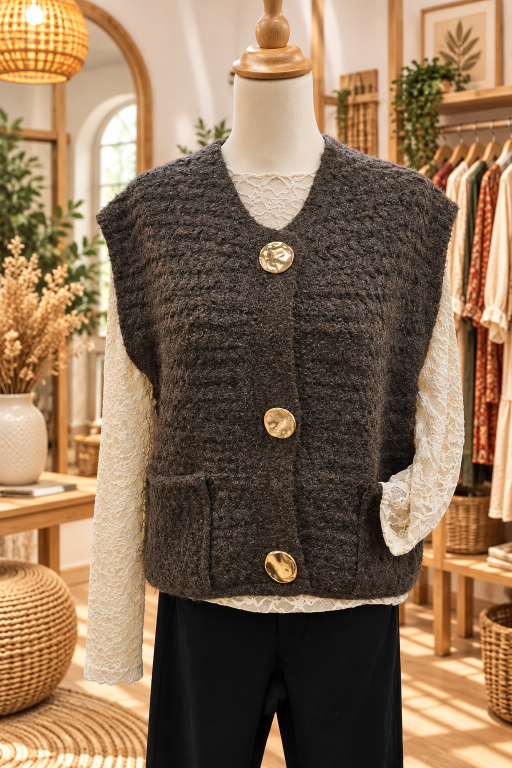 Gilet sans manche boutons dorés - marron