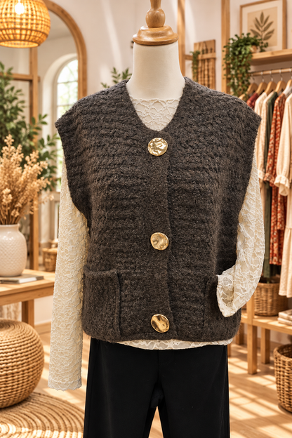 Gilet sans manche boutons dorés - marron