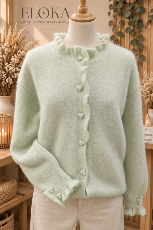 Cardigan vert pâle petits boutons coeurs