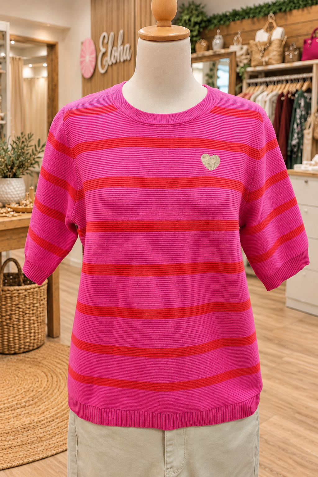 Sweat fin rayé rose et rouge