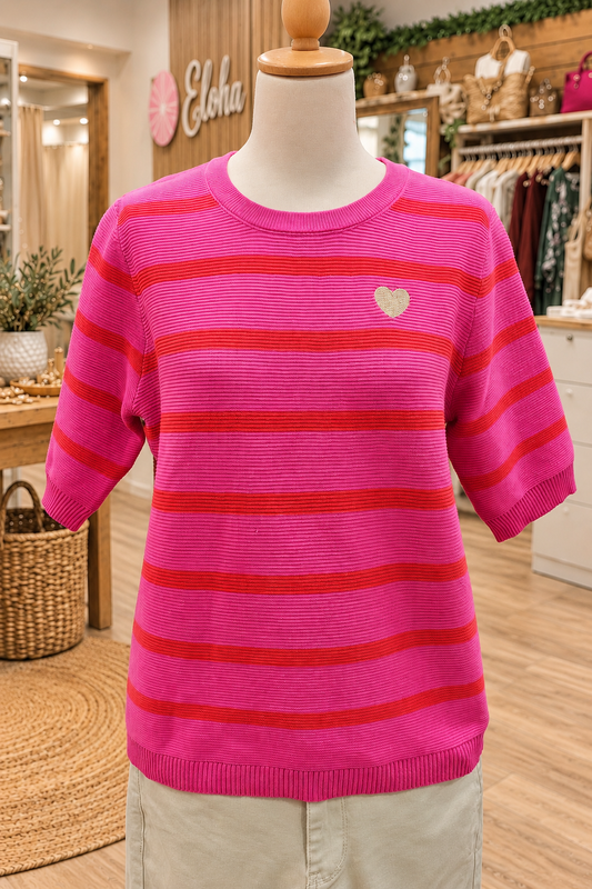 Sweat fin rayé rose et rouge