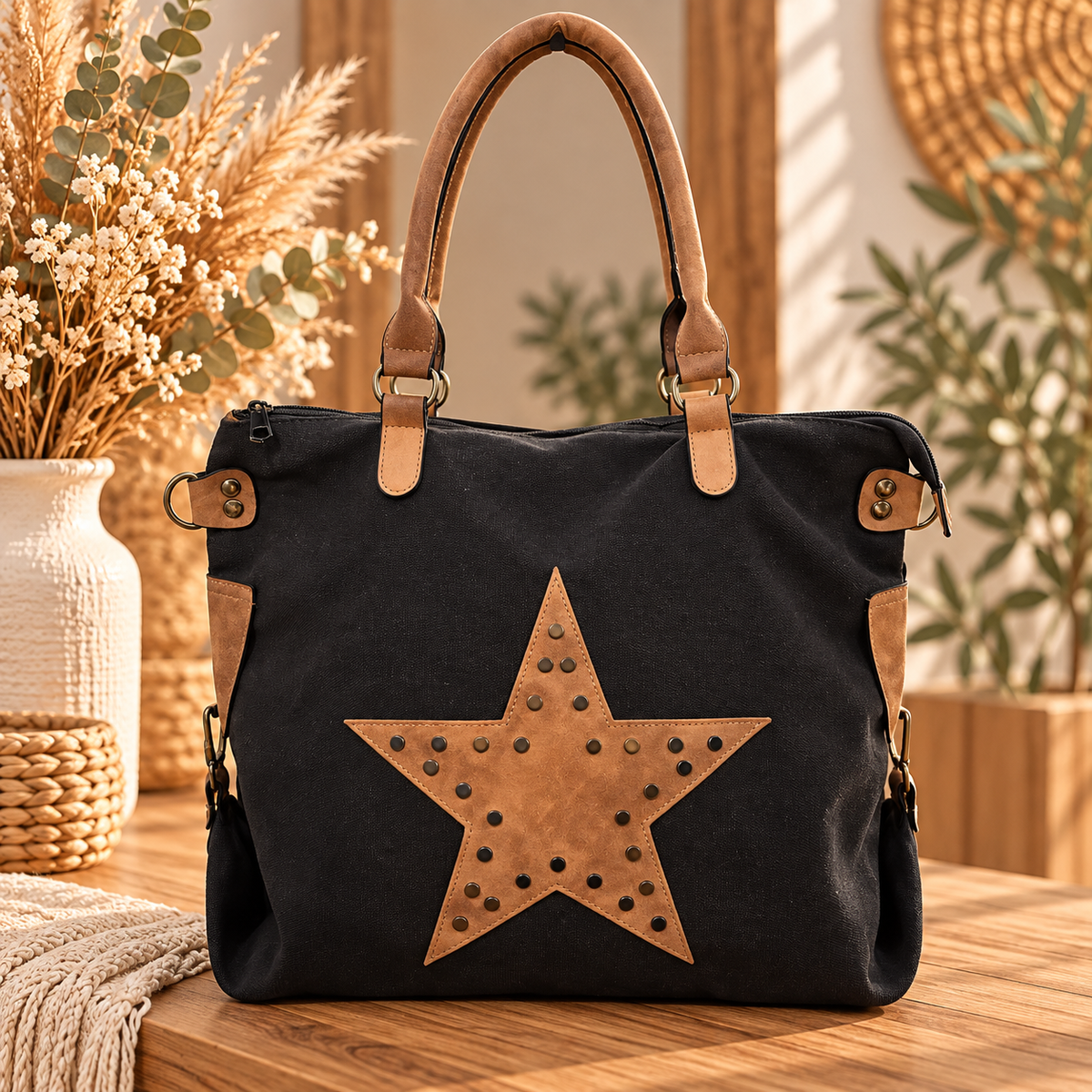 Sac toile de coton noir avec étoile cloutée