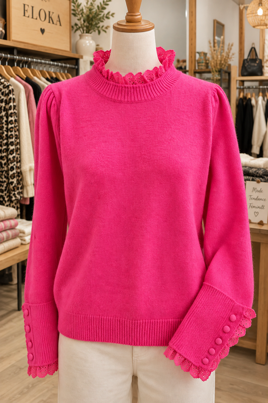 Pull dentelle manche fuchsia