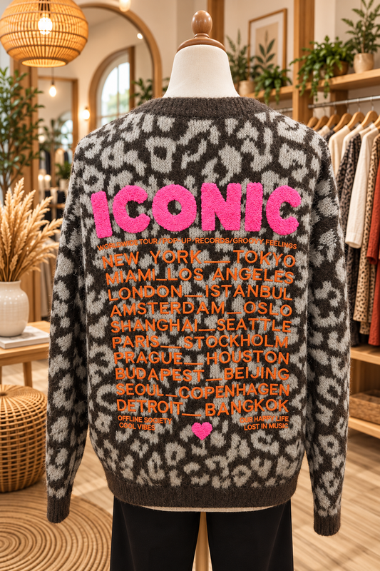 Pull léopard chocolat avec inscription "Iconic"