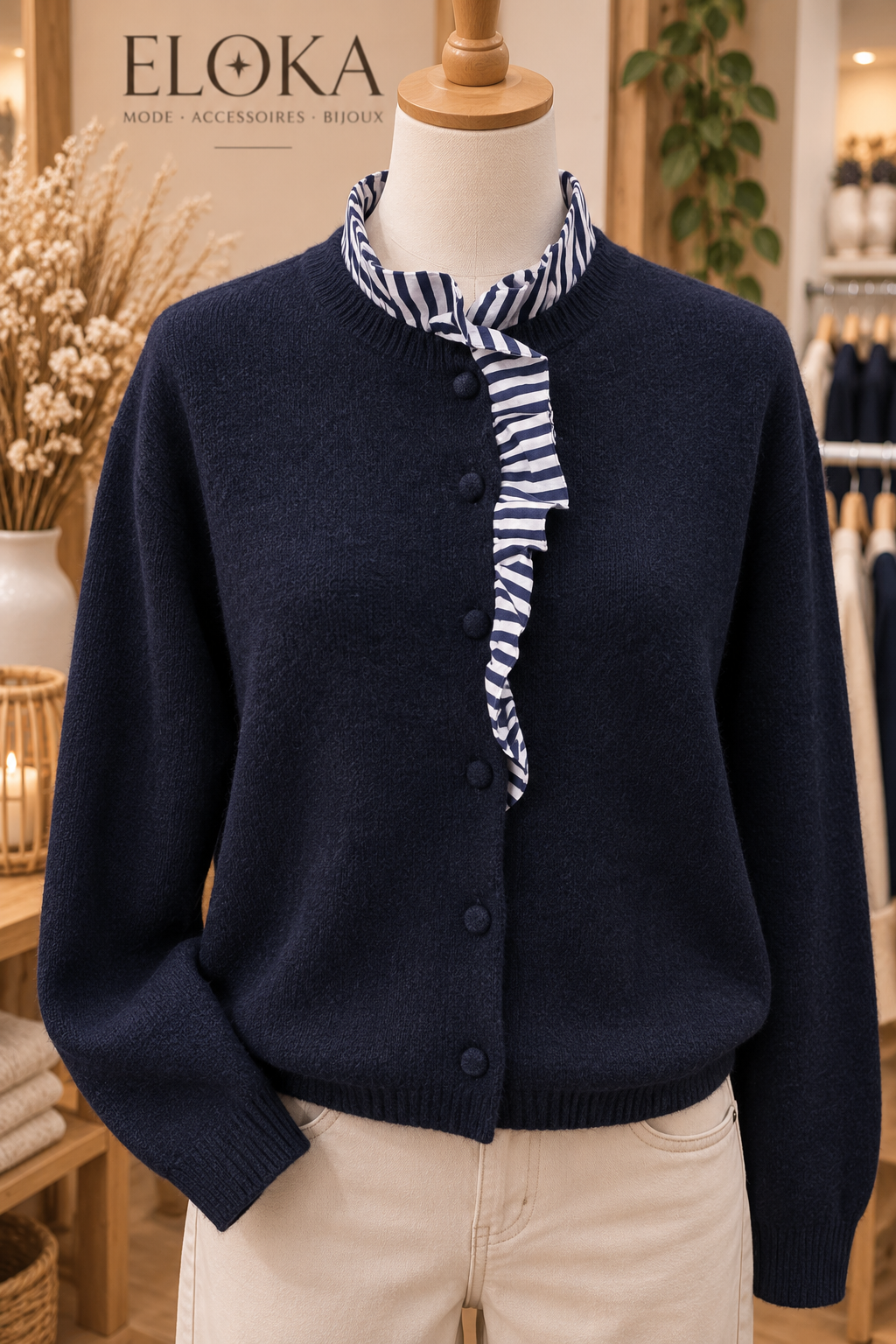 Cardigan bleu marine détails rayés