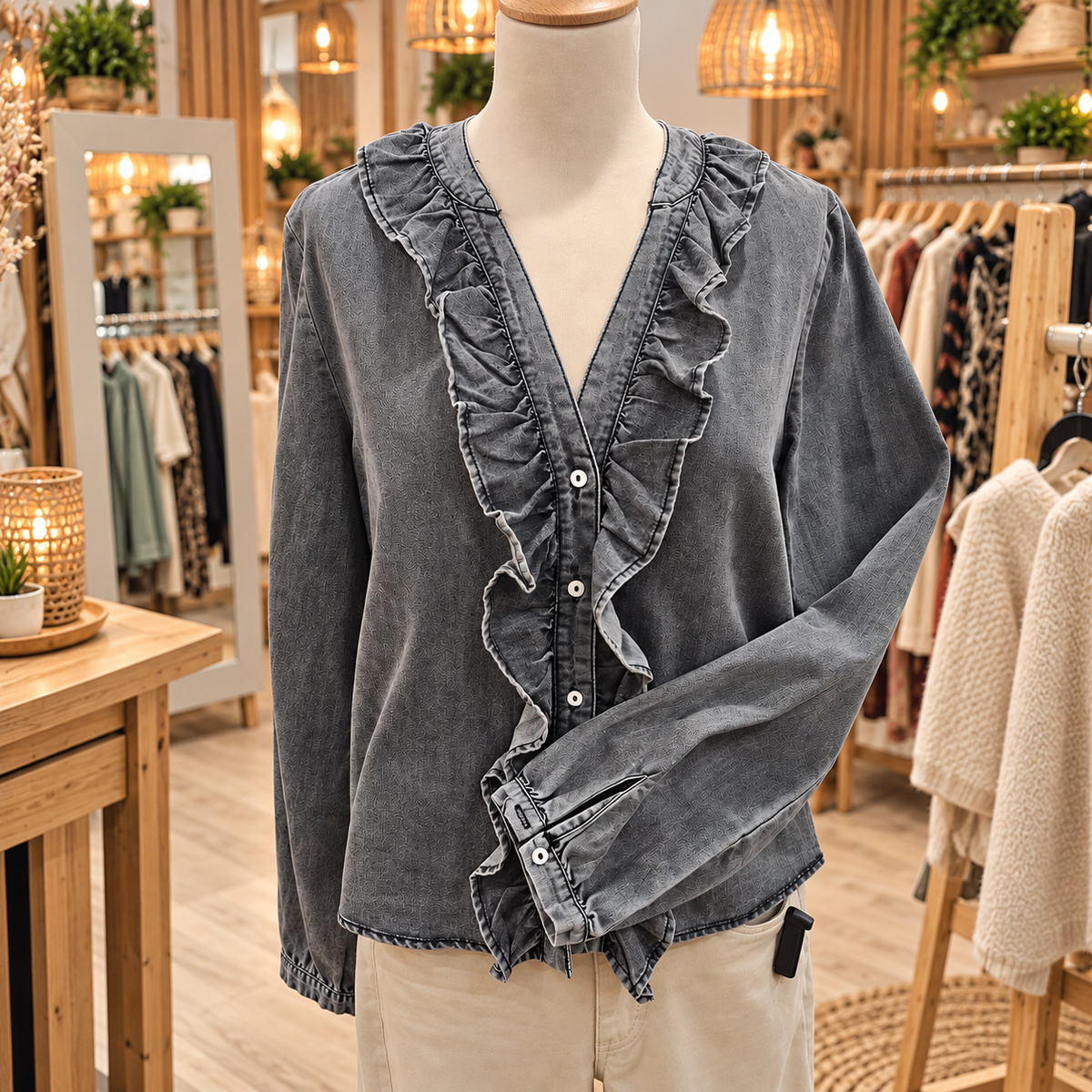 Blouse en jean grise à volants