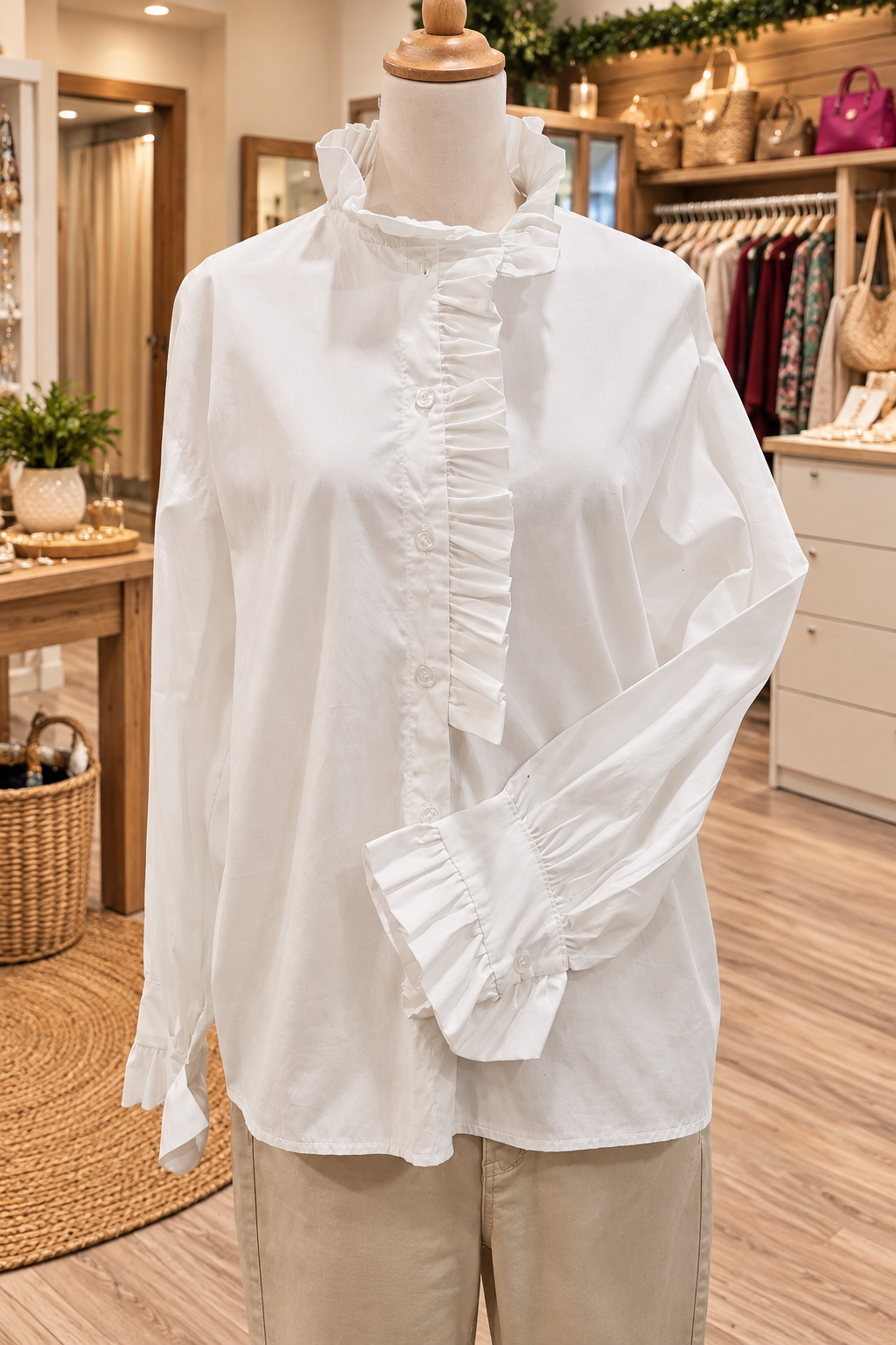 Chemise col montant volants blanche