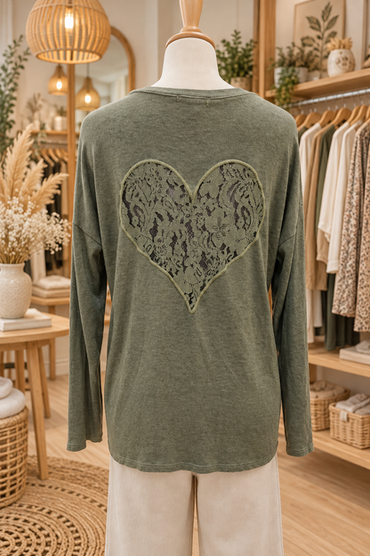 Pull fin coeur dentelle dos kaki