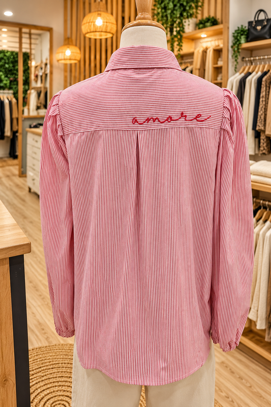 Blouse rayure rouge broderie "amore"